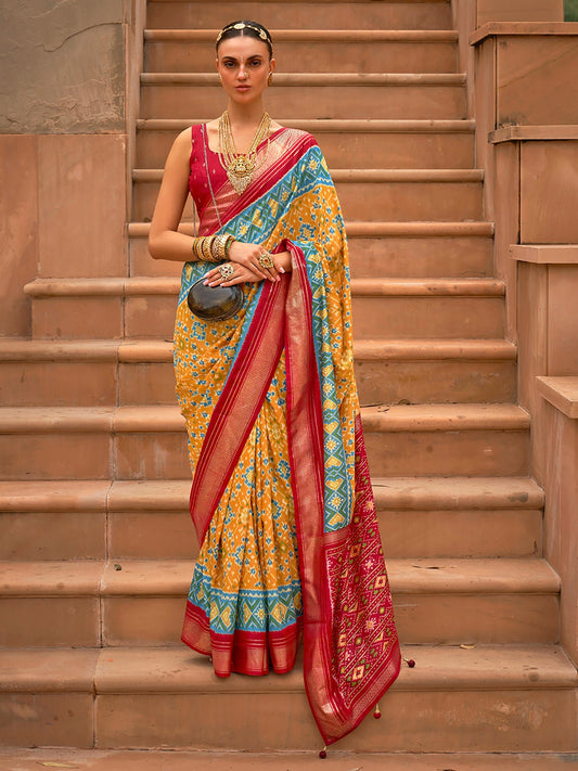 Mustard and Red Silk Blend saree - Ressa