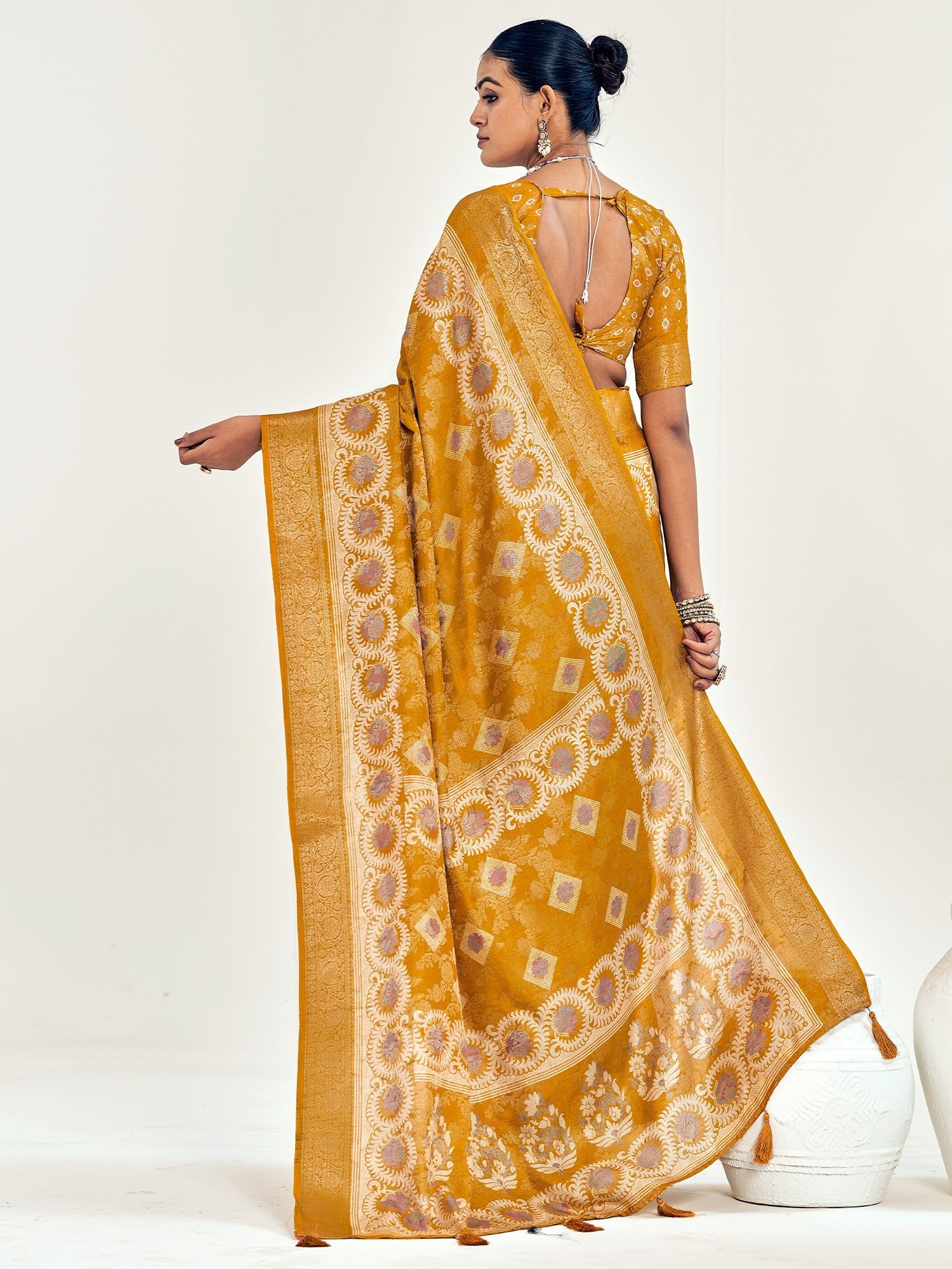 Mustard Banarasi Silk Saree with Meenakari Weave & Bandhani Blouse - Ressa