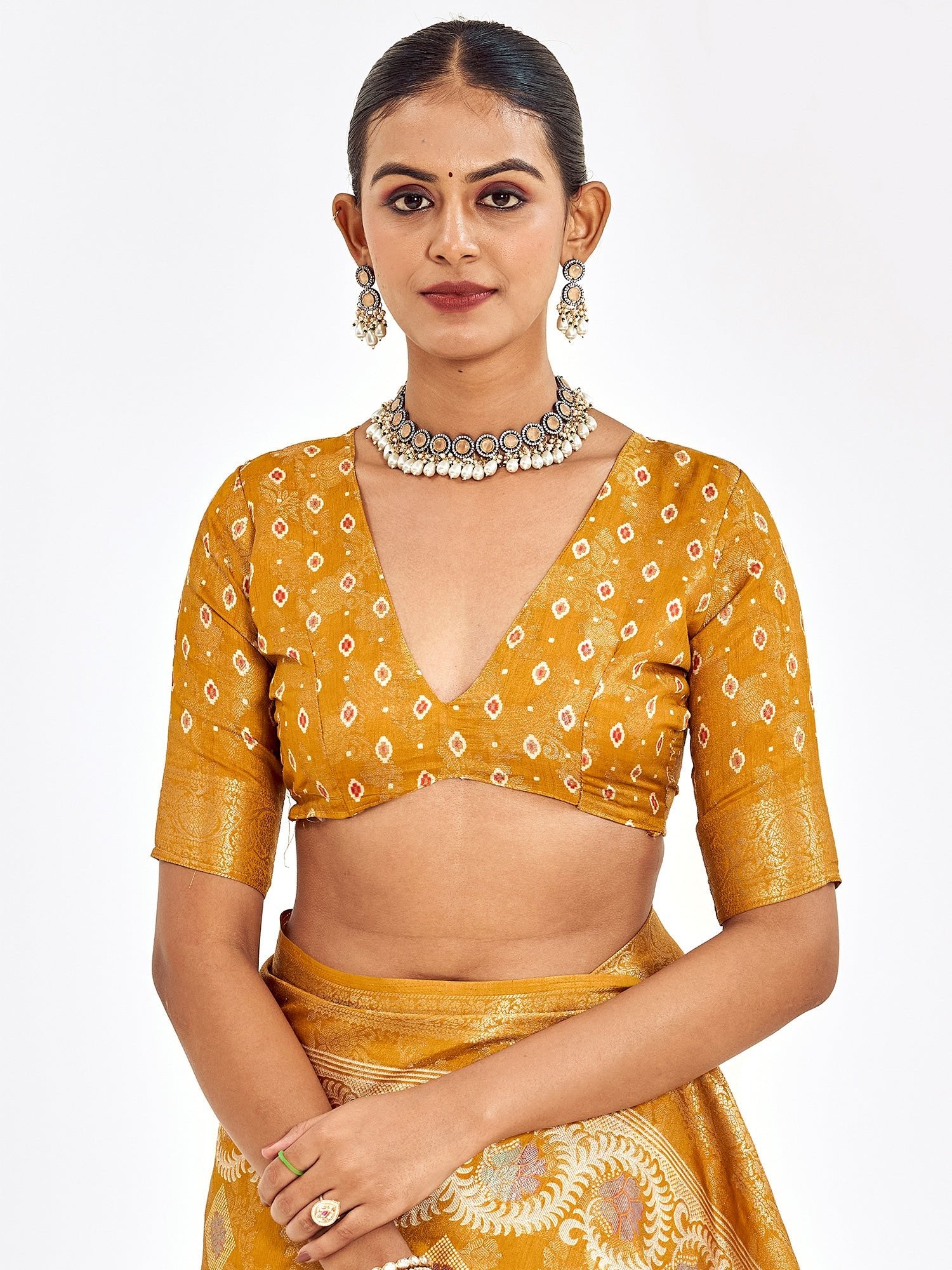 Mustard Banarasi Silk Saree with Meenakari Weave & Bandhani Blouse - Ressa