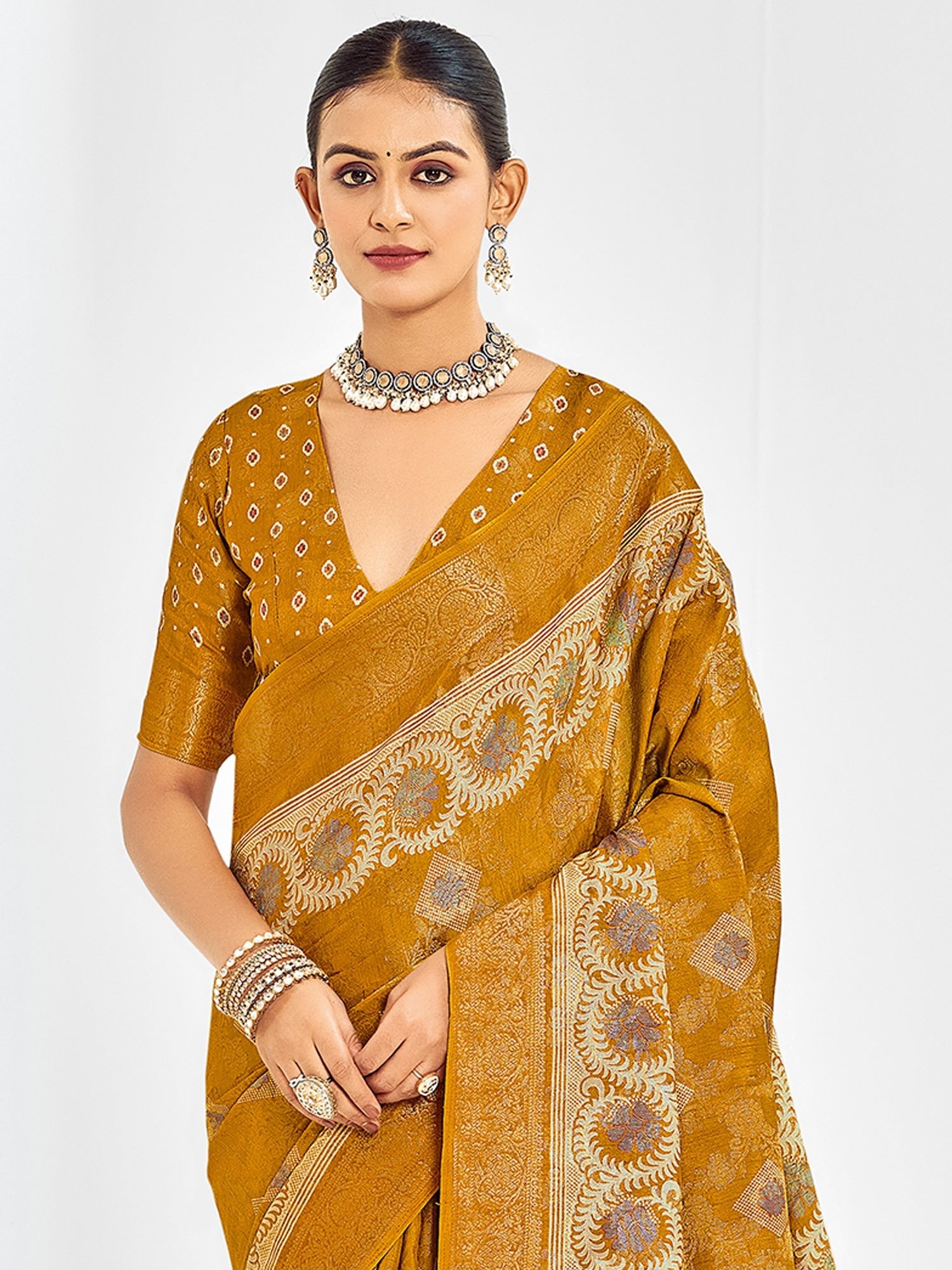 Mustard Banarasi Silk Saree with Meenakari Weave & Bandhani Blouse - Ressa