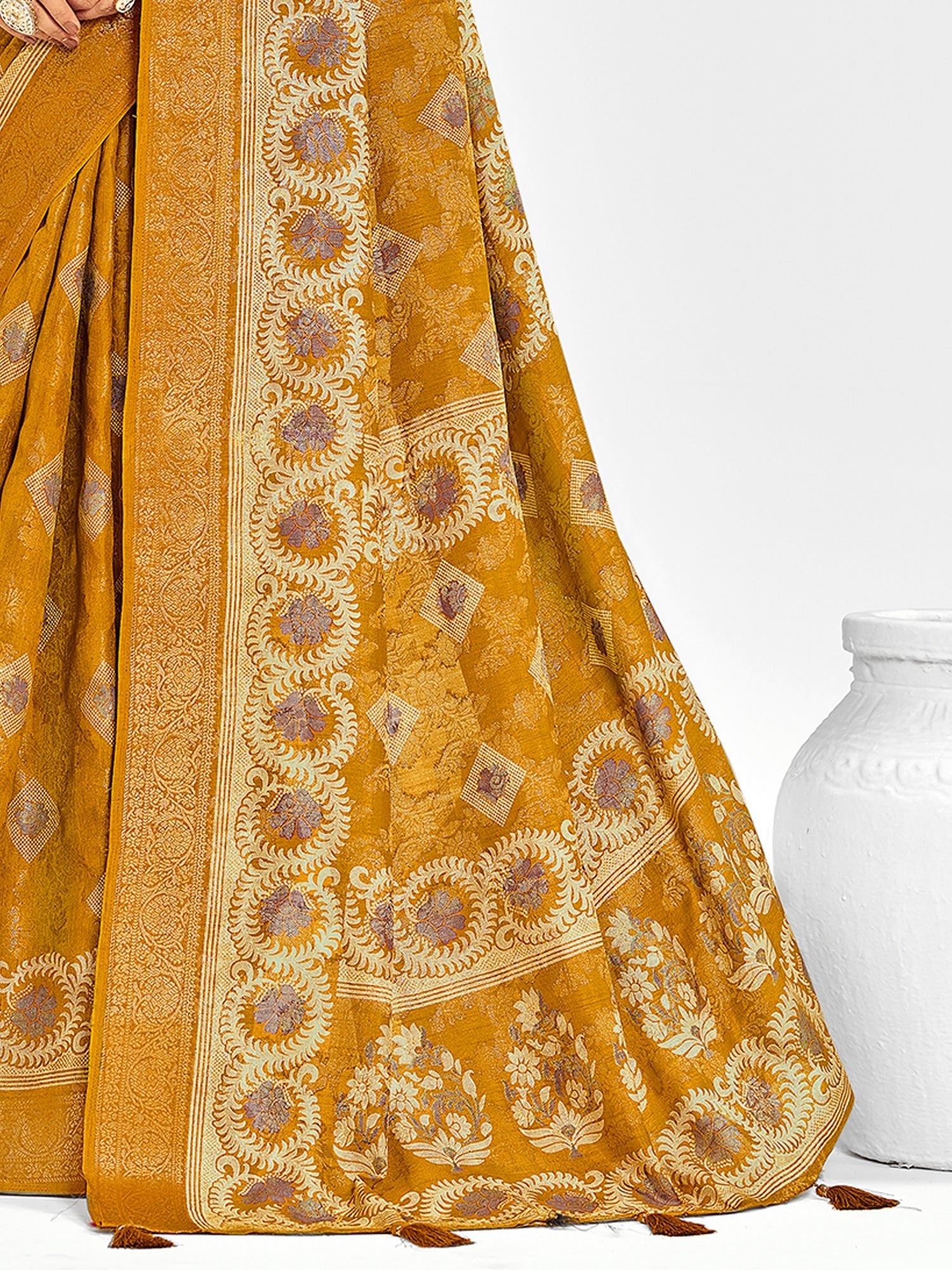 Mustard Banarasi Silk Saree with Meenakari Weave & Bandhani Blouse - Ressa