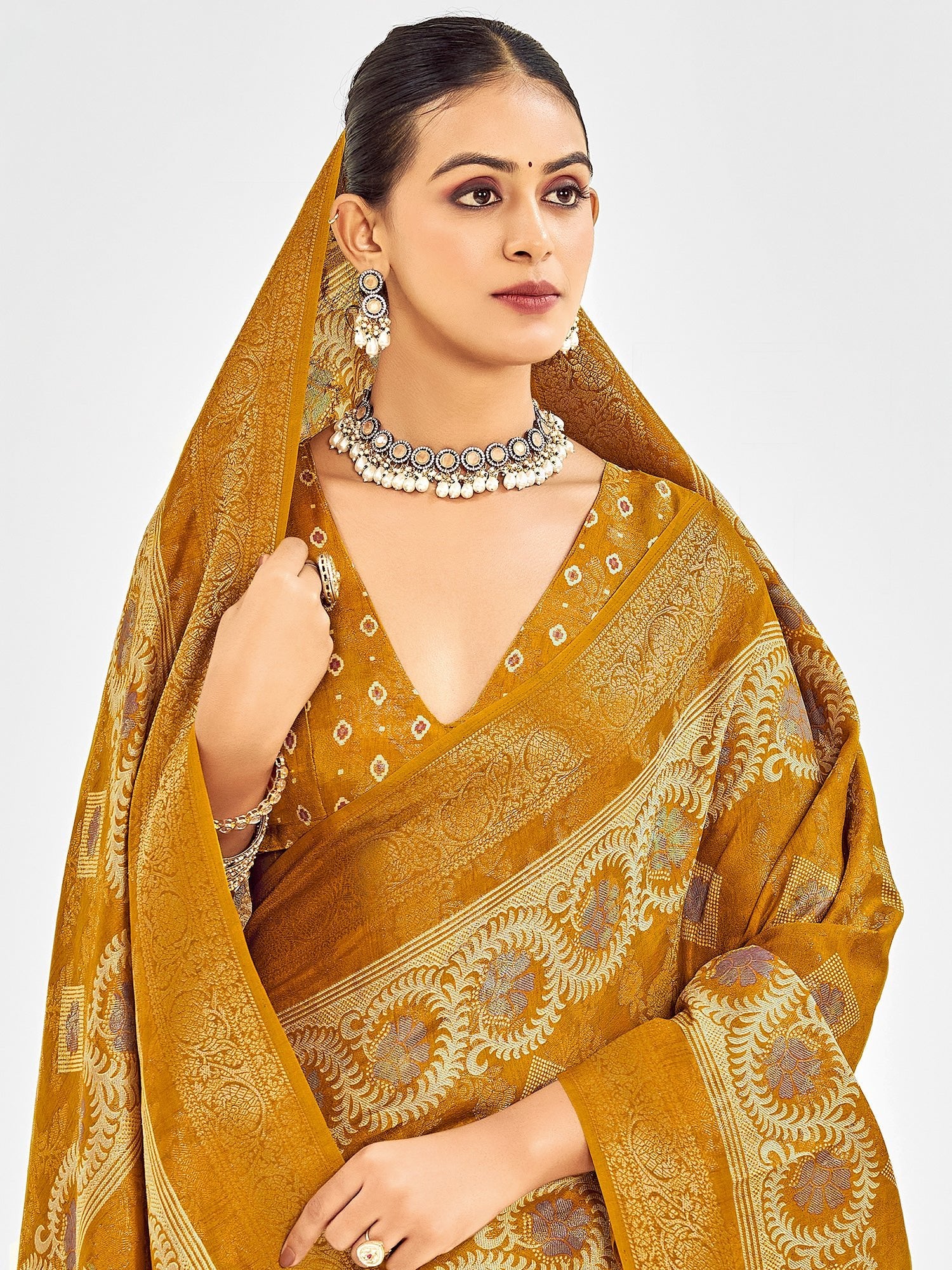 Mustard Banarasi Silk Saree with Meenakari Weave & Bandhani Blouse - Ressa