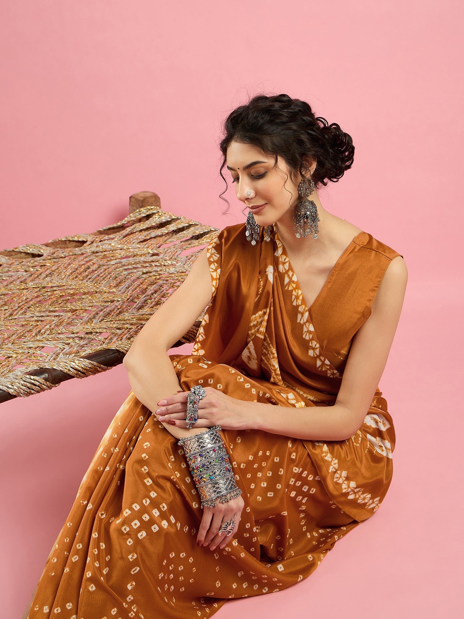 Mustard Bandhani Print Silk saree - Ressa