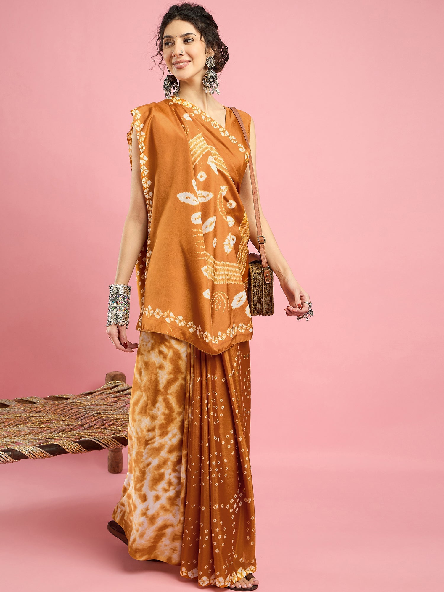 Mustard Bandhani Print Silk saree - Ressa