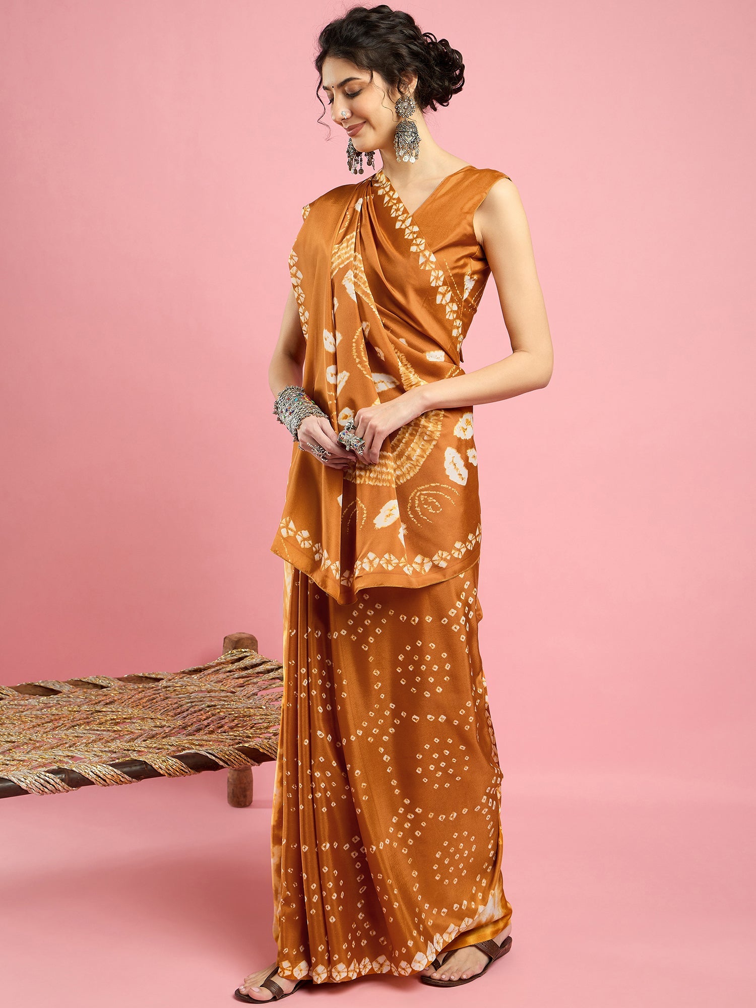 Mustard Bandhani Print Silk saree - Ressa