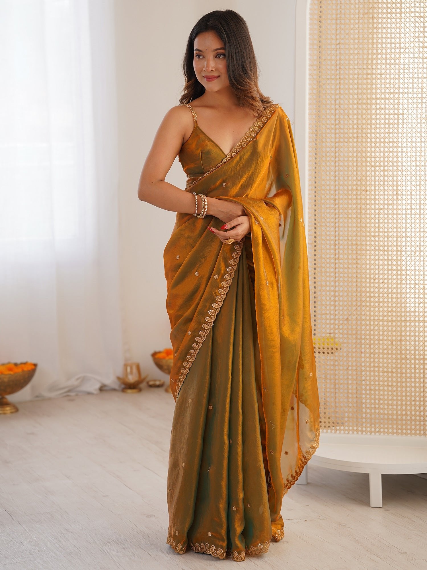 Mustard Dual-Tone Organza Saree - Ressa