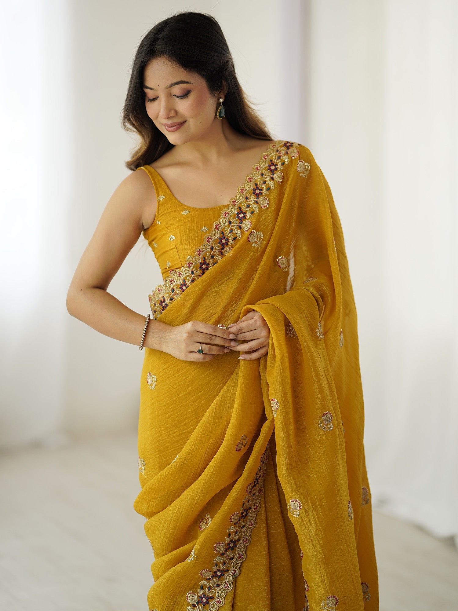 Mustard Embellished Tissue SIlk Sarees - Ressa