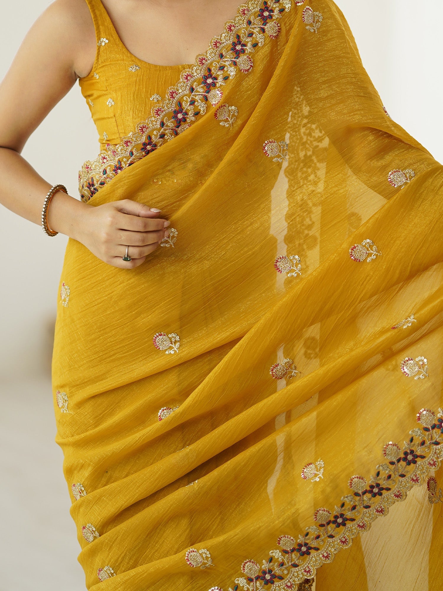 Mustard Embellished Tissue SIlk Sarees - Ressa