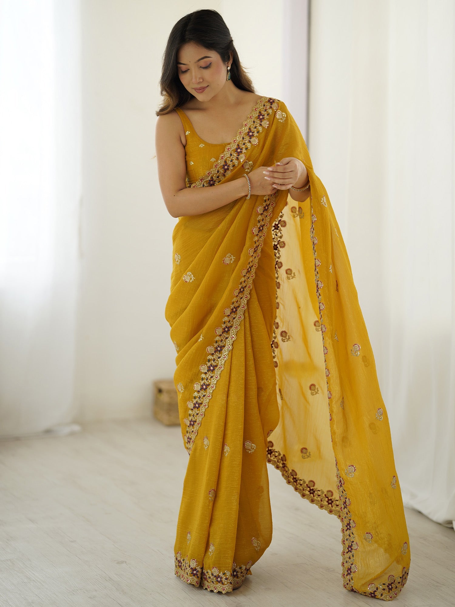 Mustard Embellished Tissue SIlk Sarees - Ressa