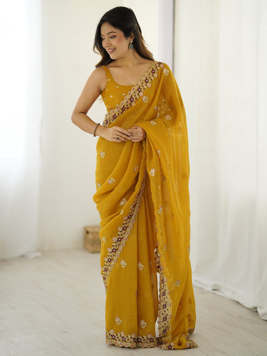 Mustard Embellished Tissue SIlk Sarees - Ressa