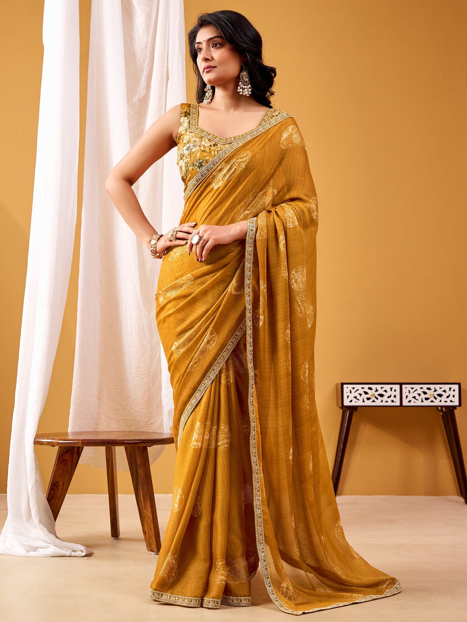 Mustard Embroidered Saree with Floral Blouse - Ressa