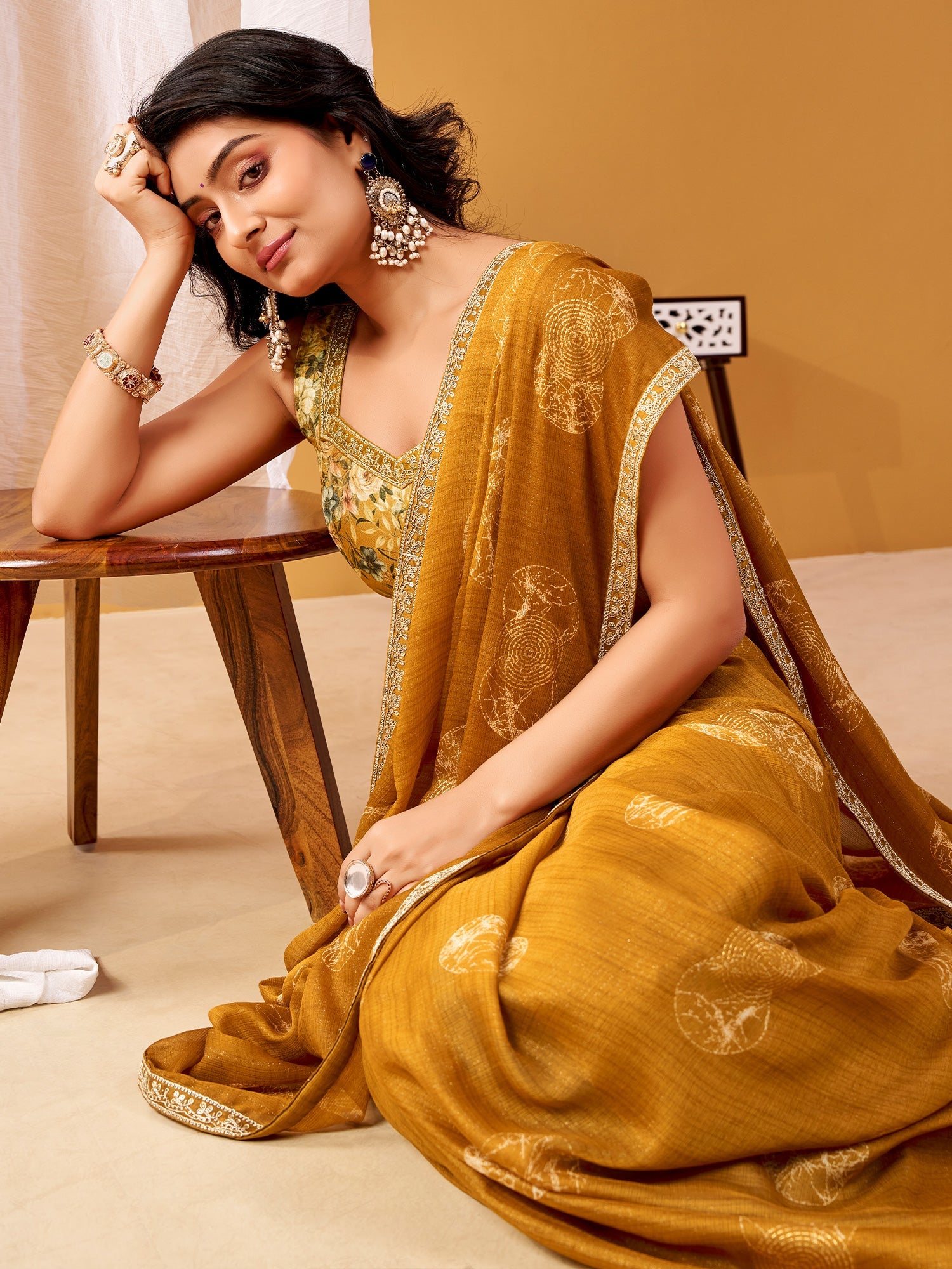 Mustard Embroidered Saree with Floral Blouse - Ressa