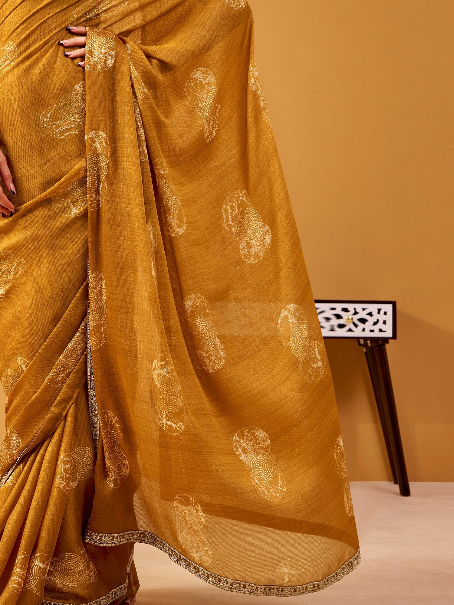 Mustard Embroidered Saree with Floral Blouse - Ressa