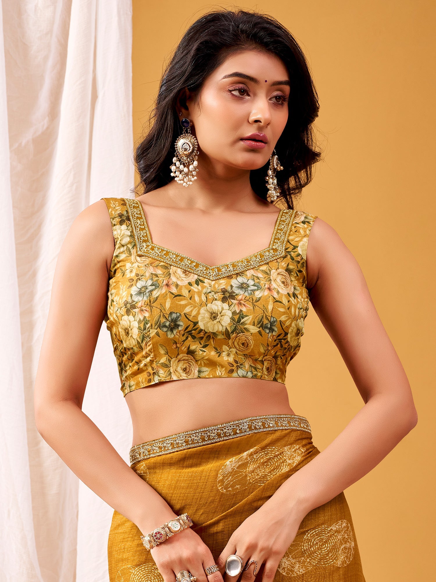 Mustard Embroidered Saree with Floral Blouse - Ressa