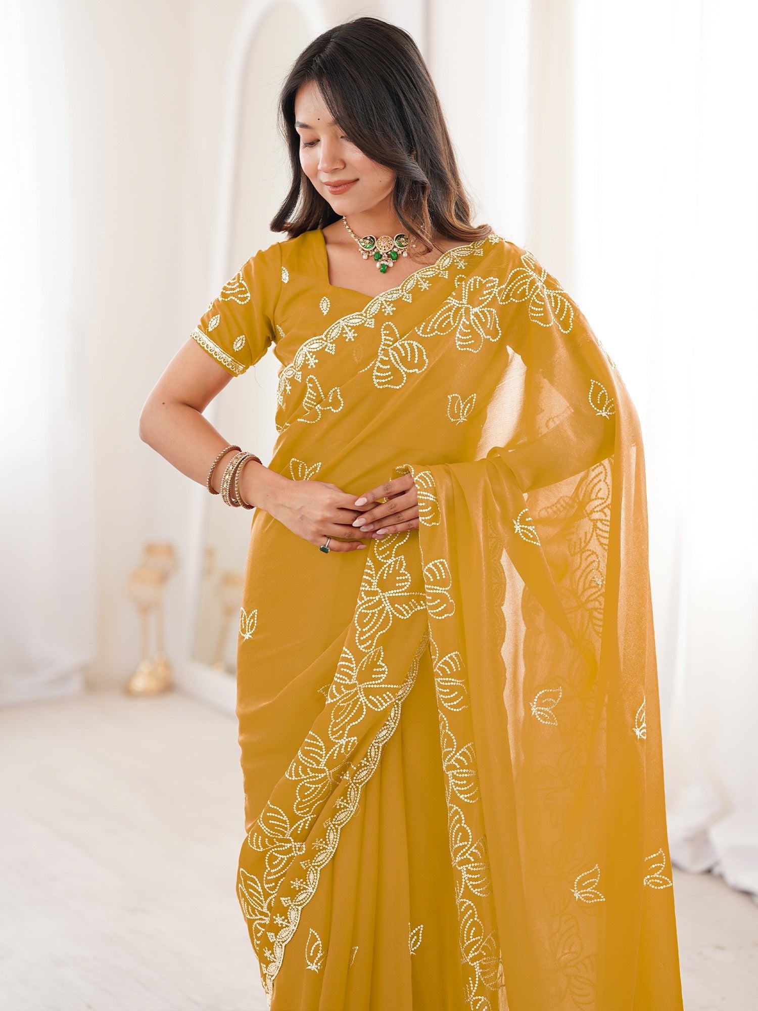 Mustard Georgette Embroidered Saree - Ressa