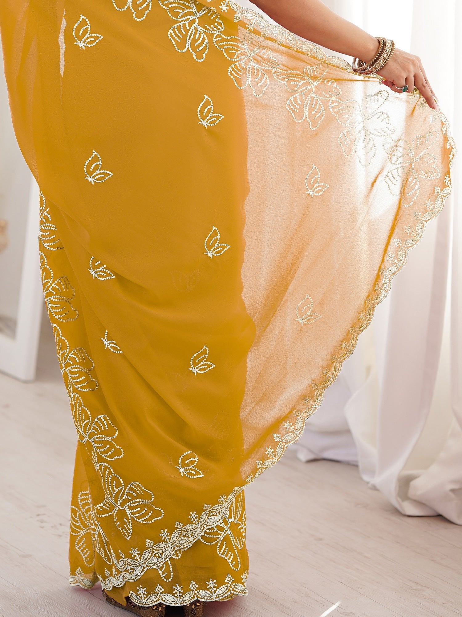 Mustard Georgette Embroidered Saree - Ressa