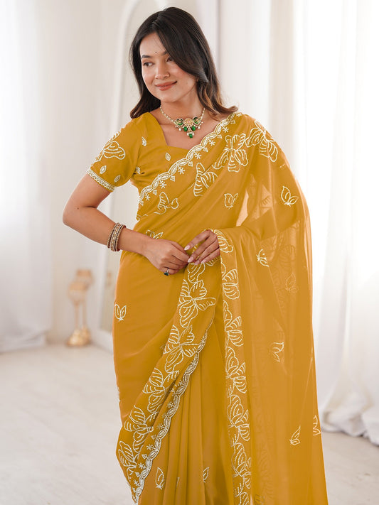 Mustard Georgette Embroidered Saree - Ressa
