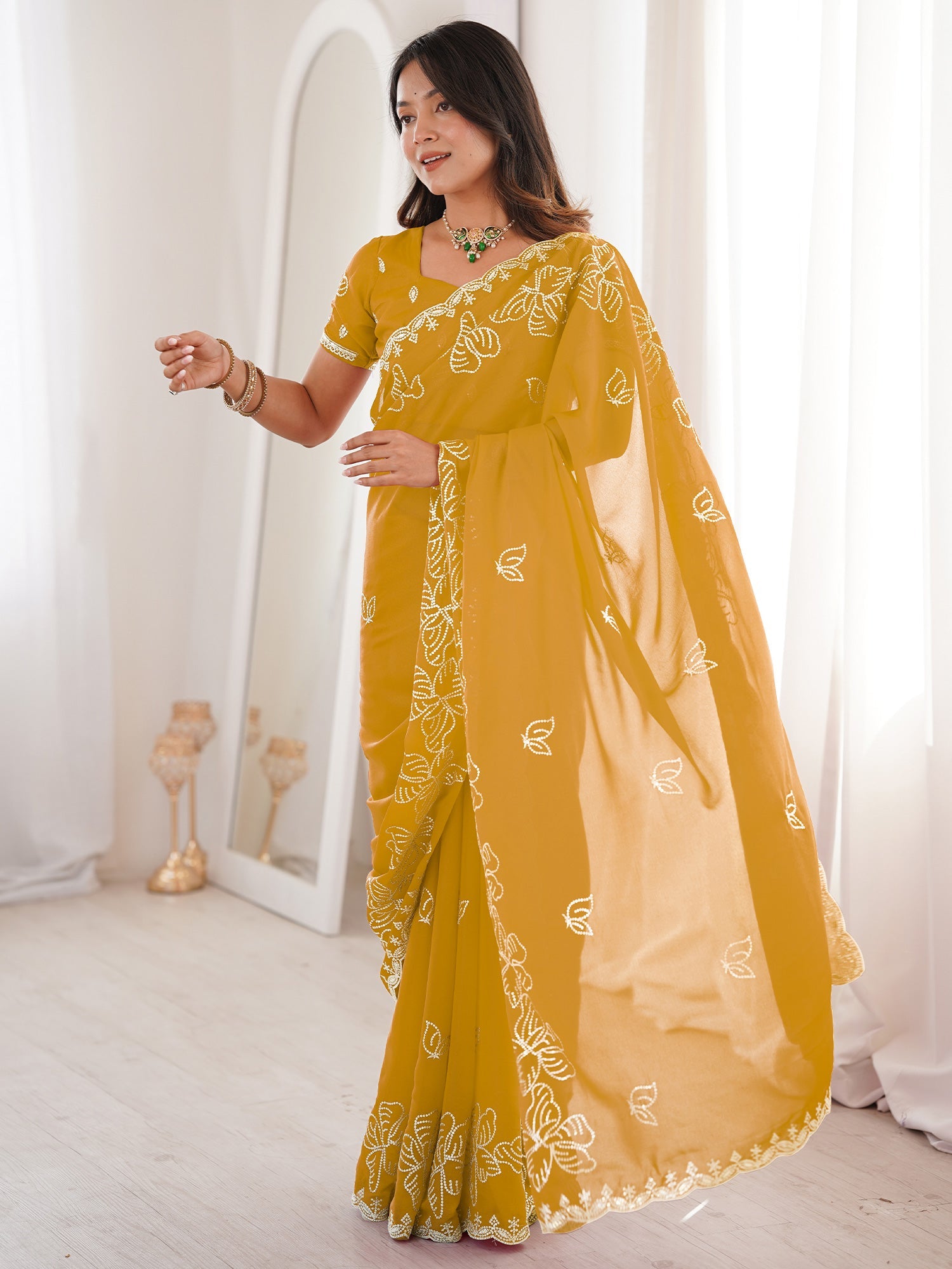 Mustard Georgette Embroidered Saree - Ressa
