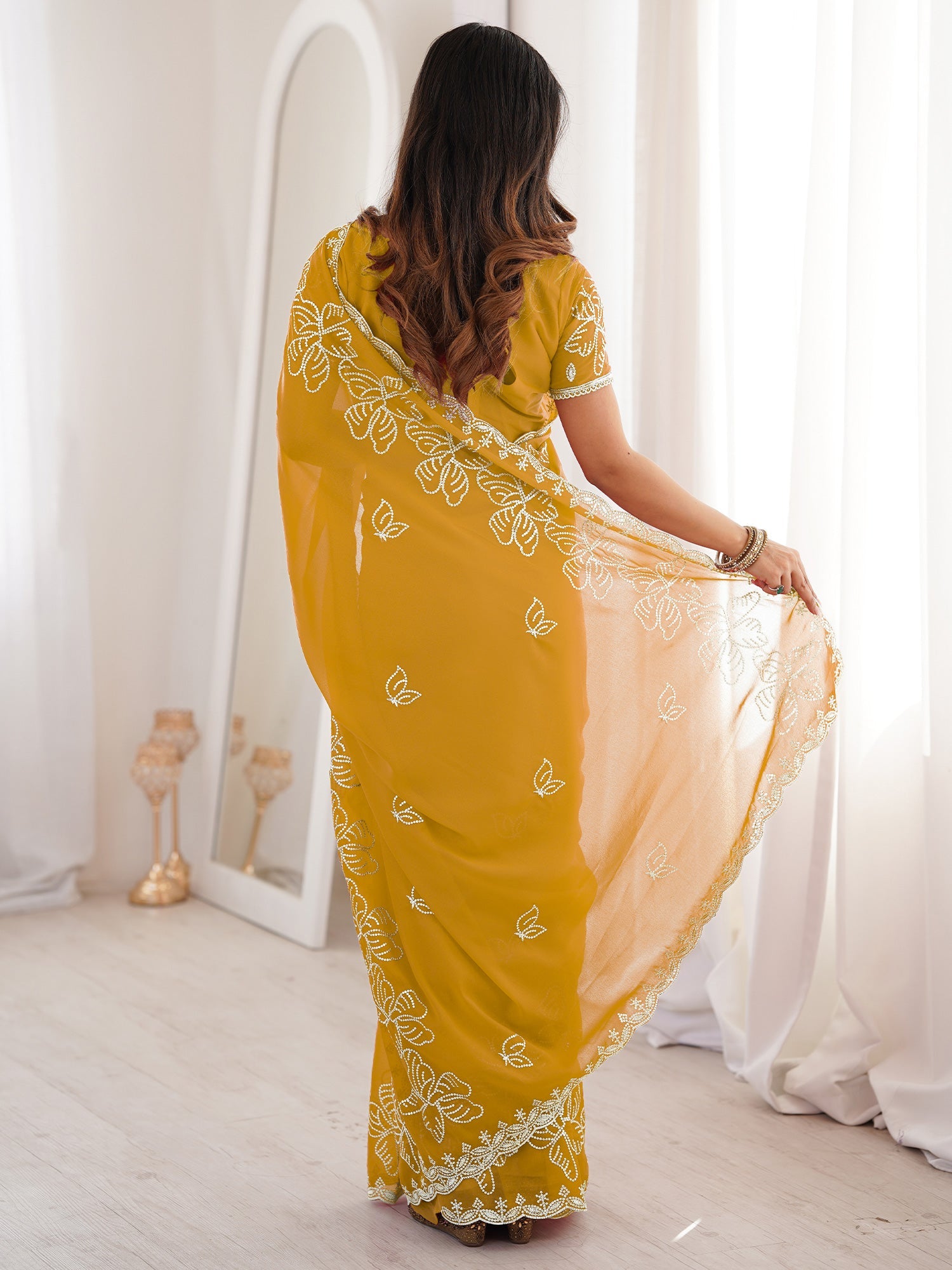 Mustard Georgette Embroidered Saree - Ressa
