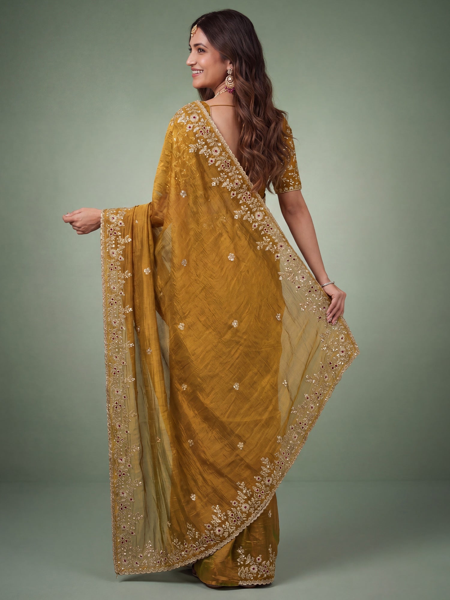 Mustard Gold Banarasi Woven Silk Blend Gold Zari &amp; Stone Work Saree - Ressa