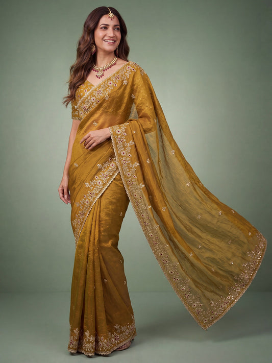 Mustard Gold Banarasi Woven Silk Blend Gold Zari &amp; Stone Work Saree - Ressa
