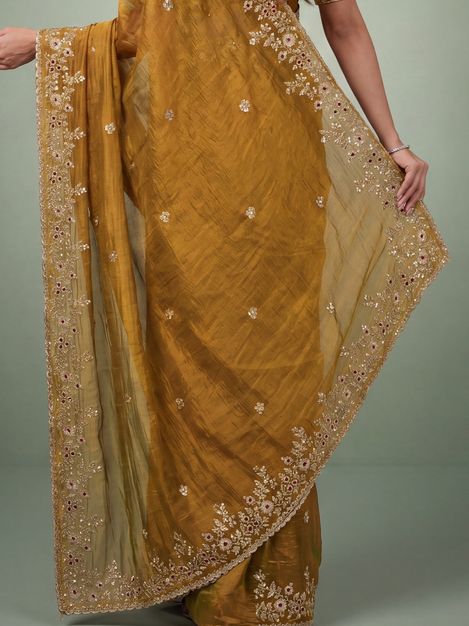 Mustard Gold Banarasi Woven Silk Blend Gold Zari &amp; Stone Work Saree - Ressa