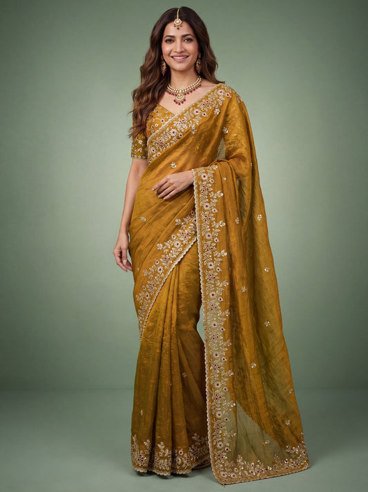 Mustard Gold Banarasi Woven Silk Blend Gold Zari &amp; Stone Work Saree - Ressa