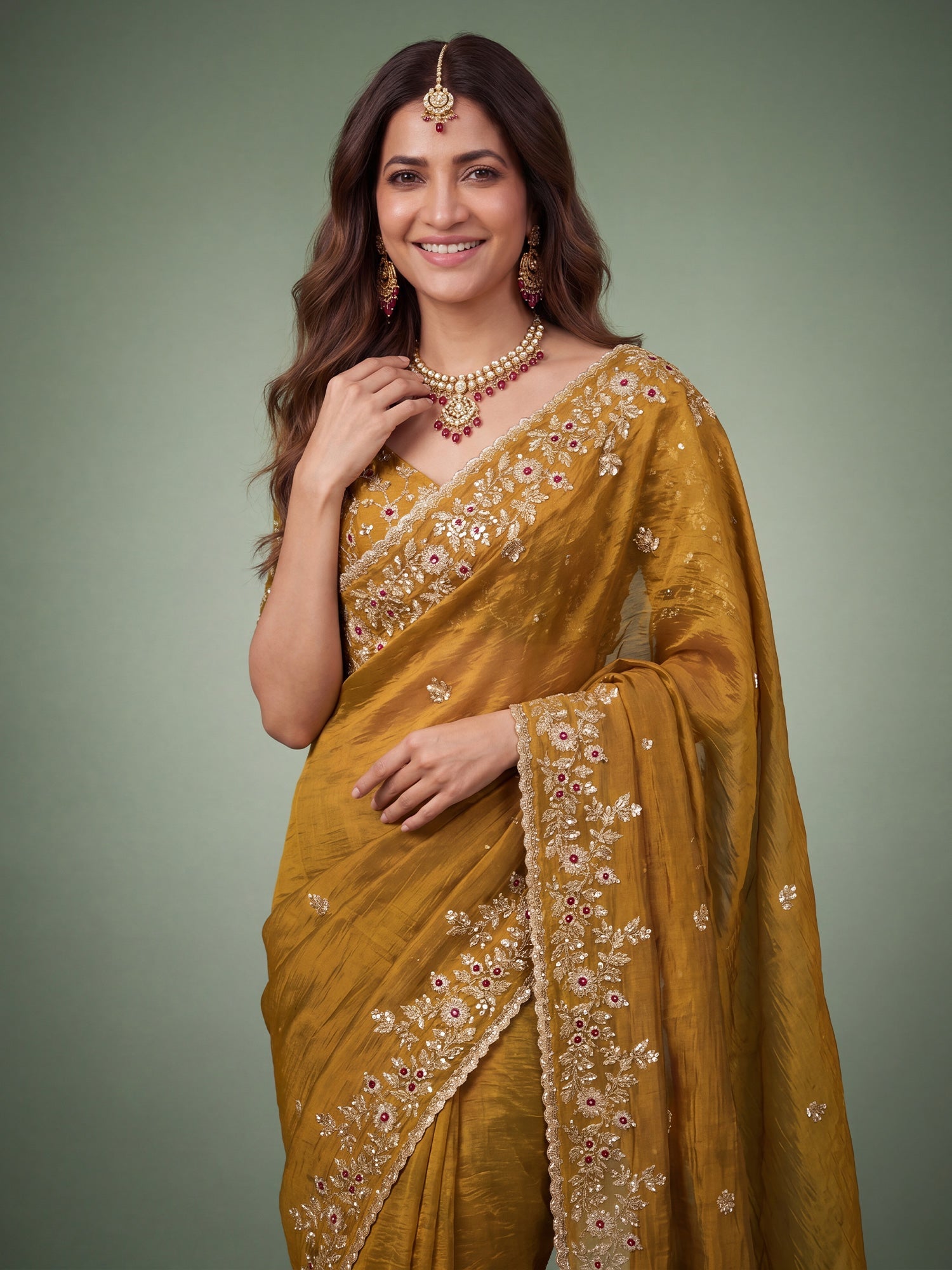 Mustard Gold Banarasi Woven Silk Blend Gold Zari &amp; Stone Work Saree - Ressa