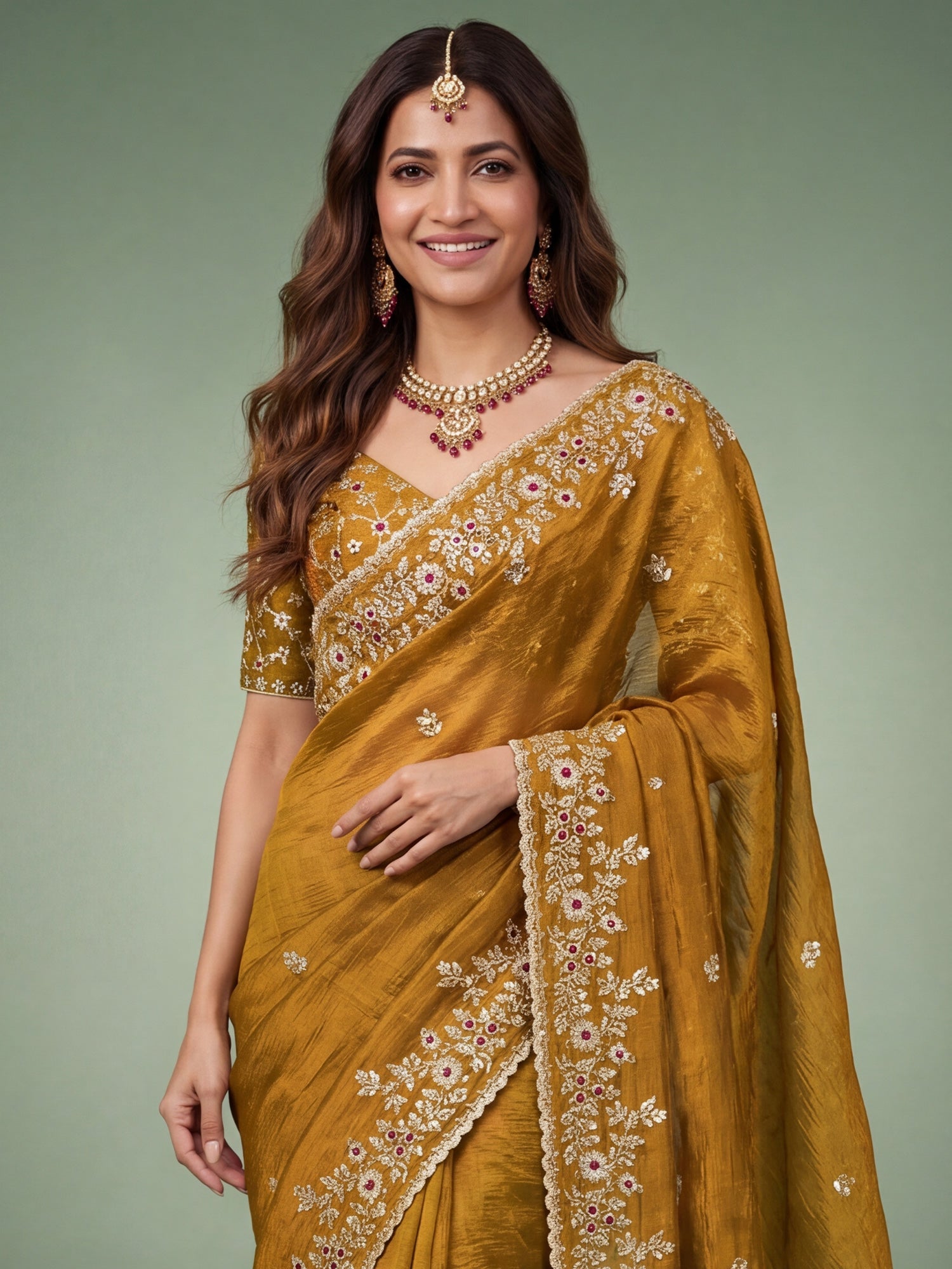 Mustard Gold Banarasi Woven Silk Blend Gold Zari &amp; Stone Work Saree - Ressa