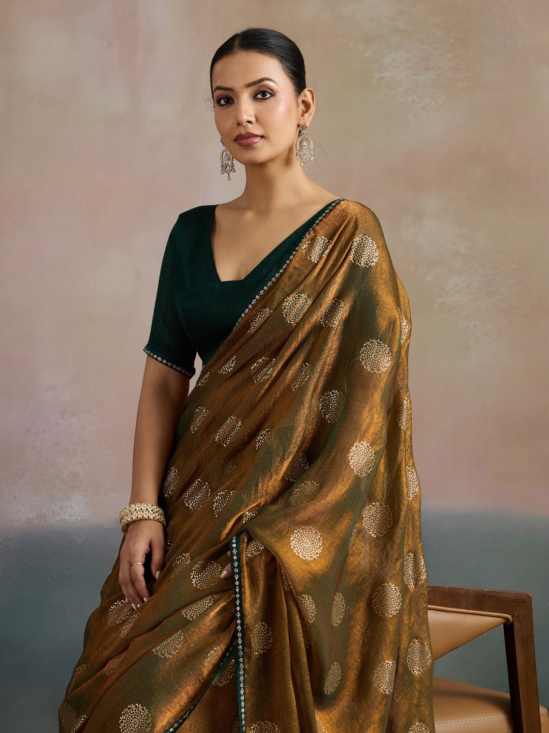 Mustard Gold Olive Green Shimmer Georgette Foil Print Blouse Saree - Ressa