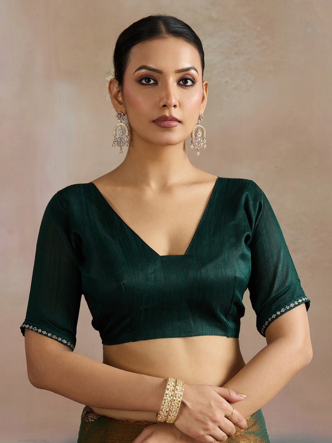 Mustard Gold Olive Green Shimmer Georgette Foil Print Blouse Saree - Ressa