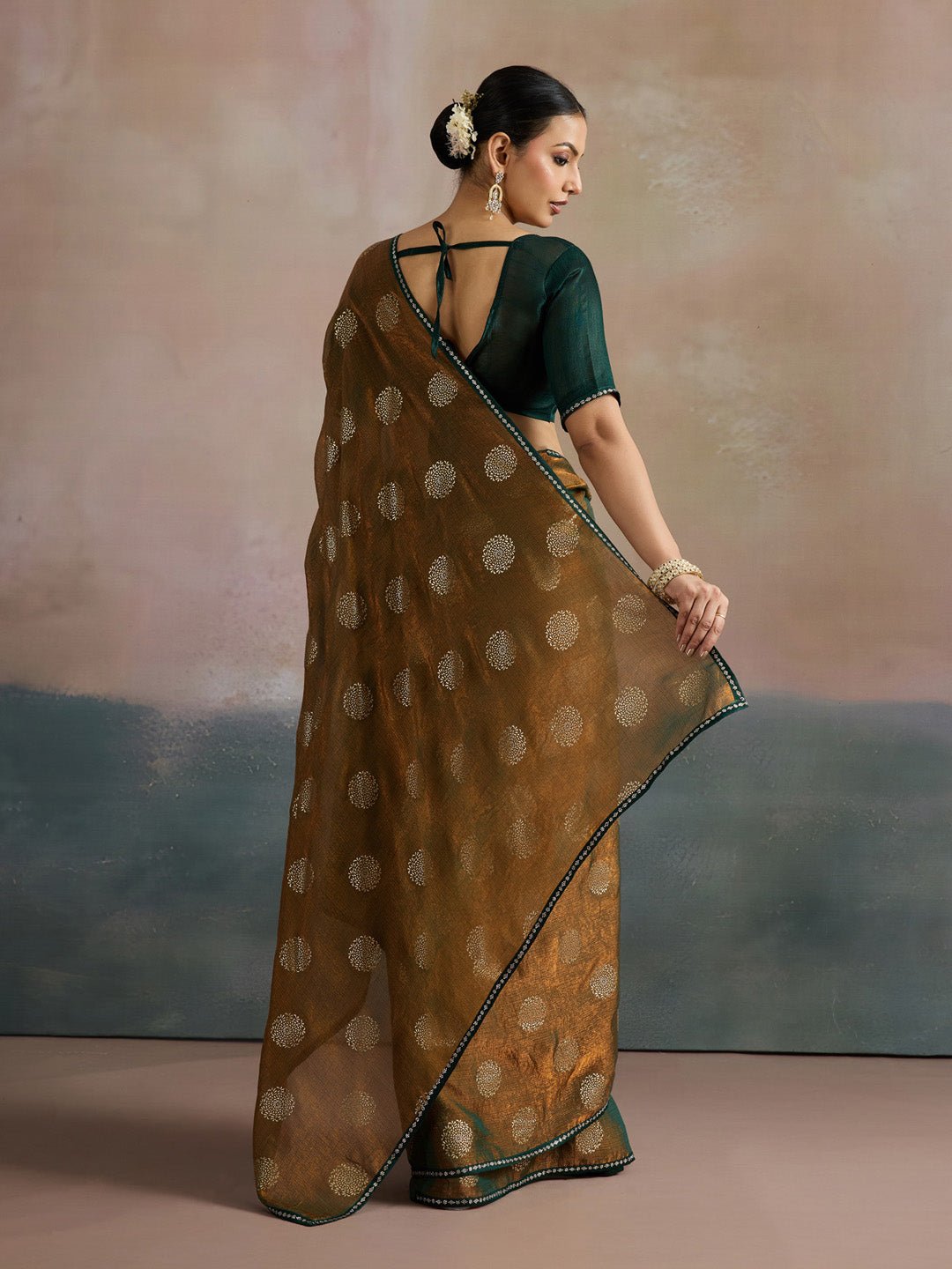 Mustard Gold Olive Green Shimmer Georgette Foil Print Blouse Saree - Ressa