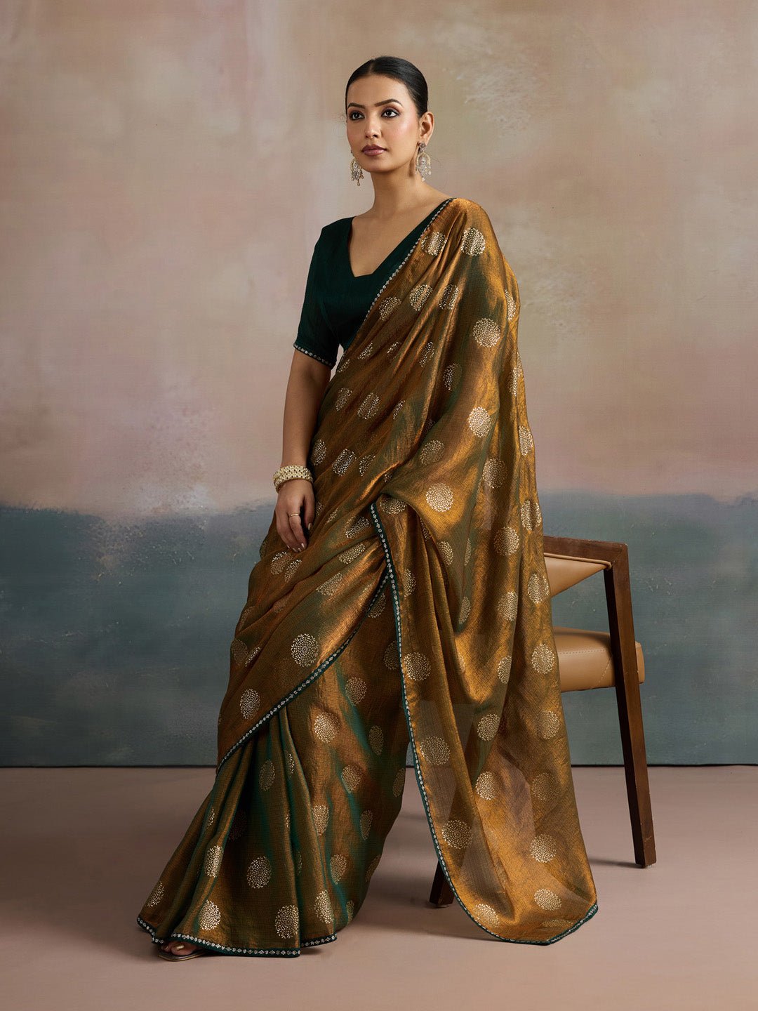 Mustard Gold Olive Green Shimmer Georgette Foil Print Blouse Saree - Ressa