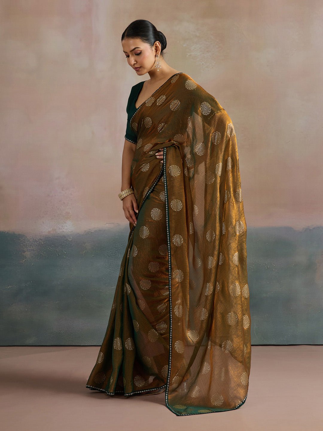 Mustard Gold Olive Green Shimmer Georgette Foil Print Blouse Saree - Ressa