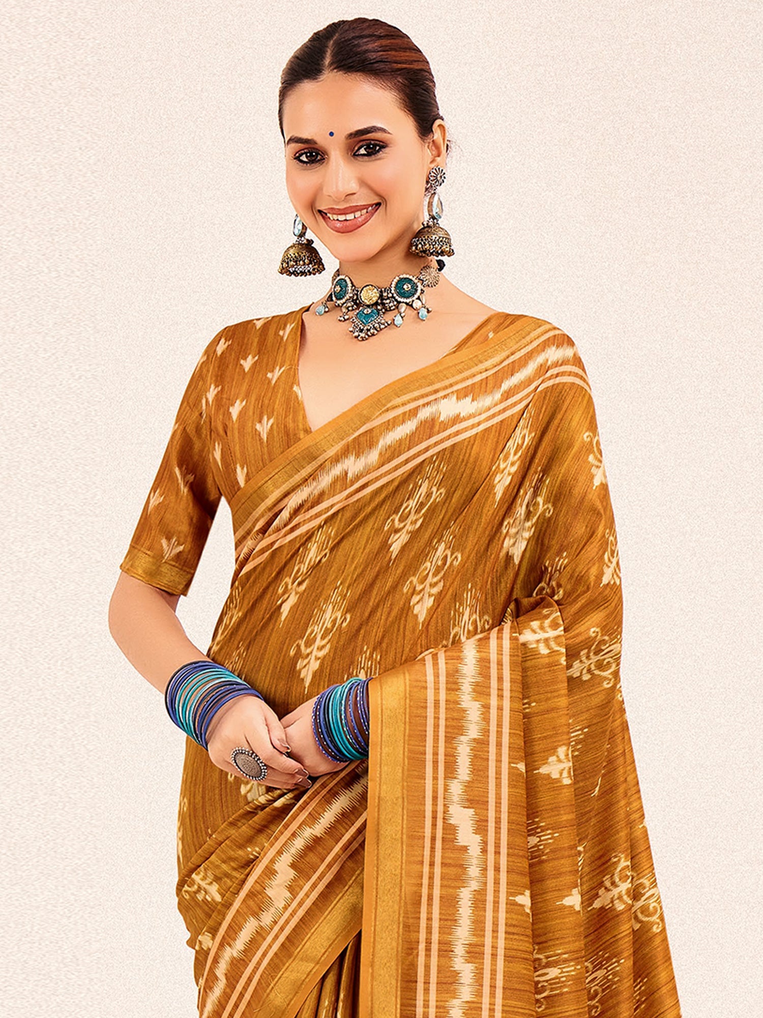 Mustard Ikat Silk Saree with Madhubani Pallu - Ressa