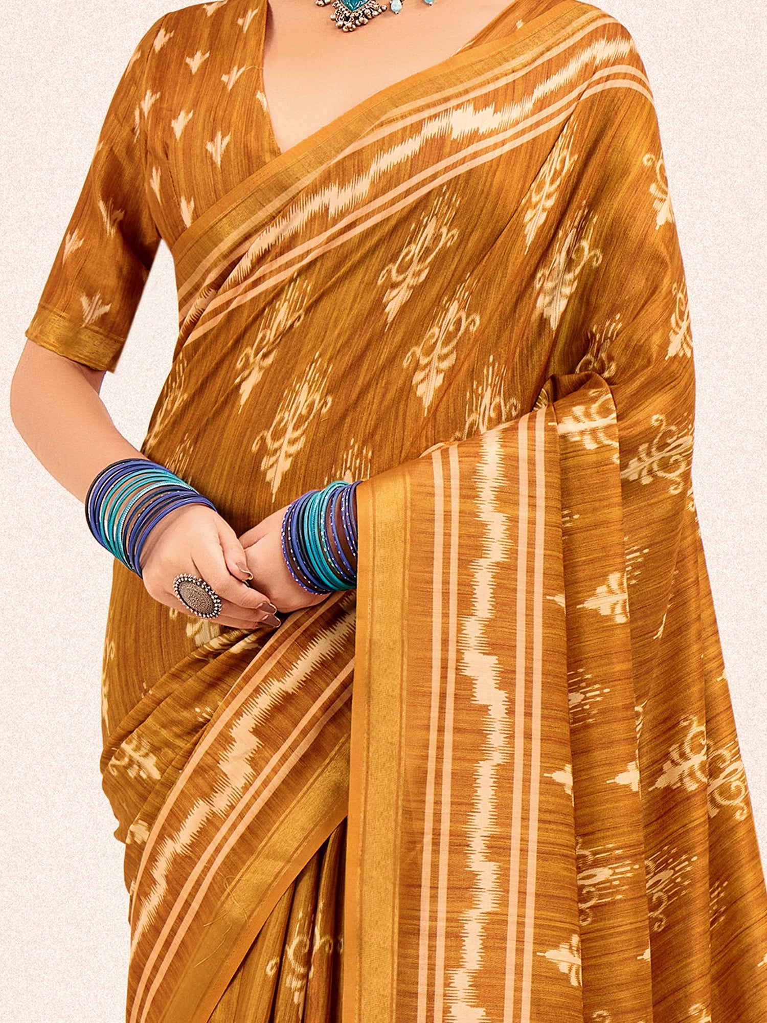 Mustard Ikat Silk Saree with Madhubani Pallu - Ressa