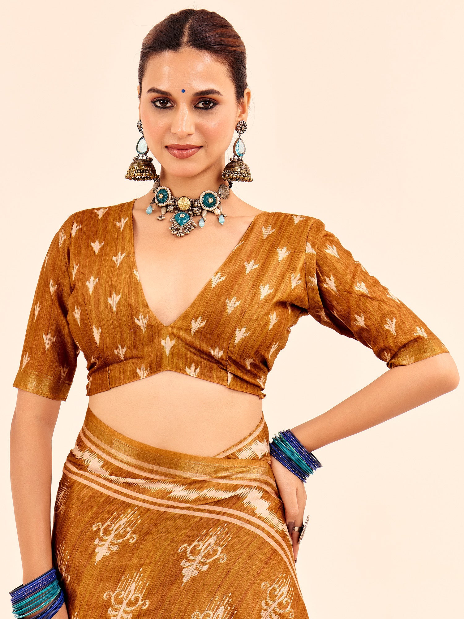 Mustard Ikat Silk Saree with Madhubani Pallu - Ressa
