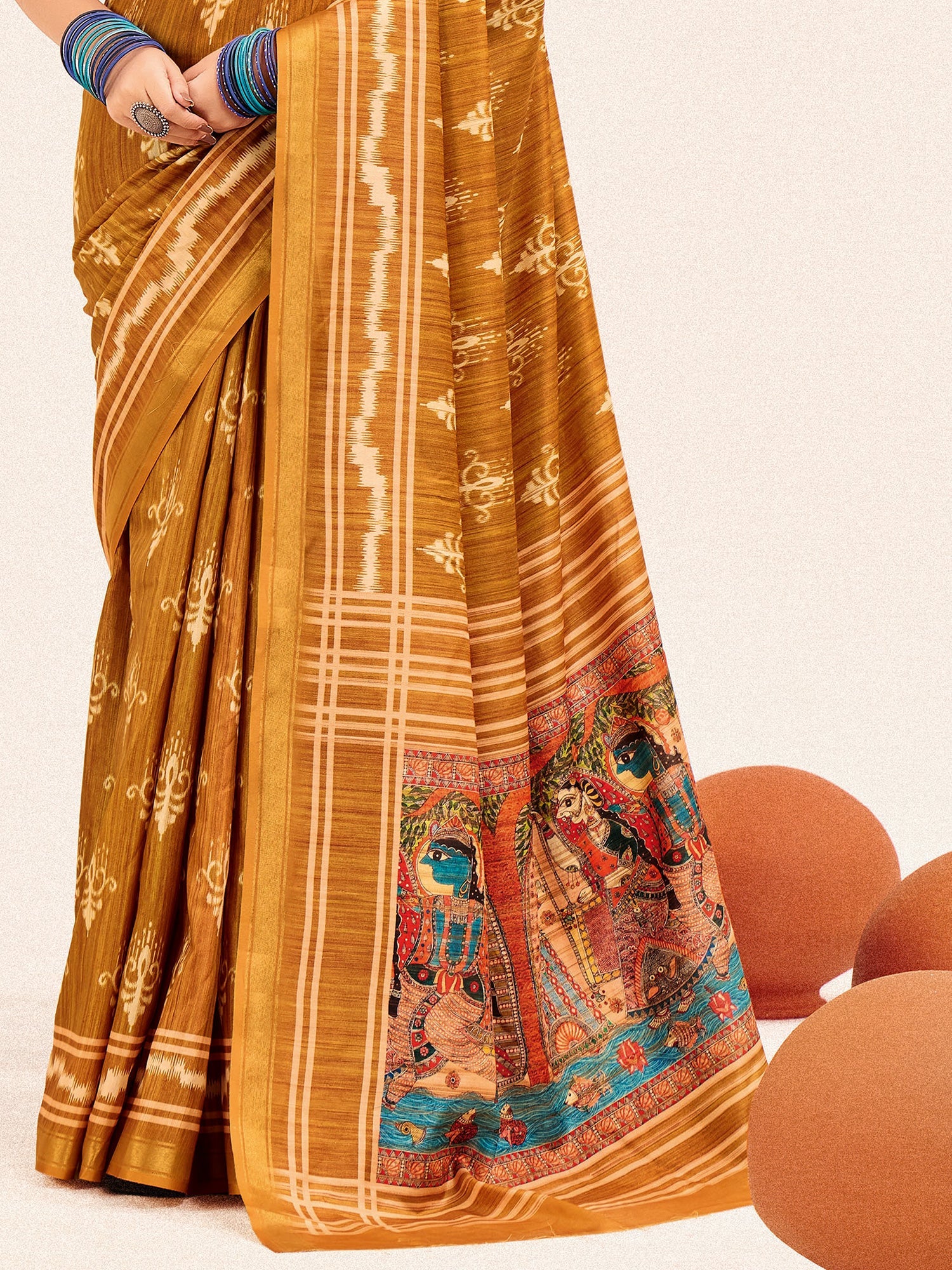 Mustard Ikat Silk Saree with Madhubani Pallu - Ressa