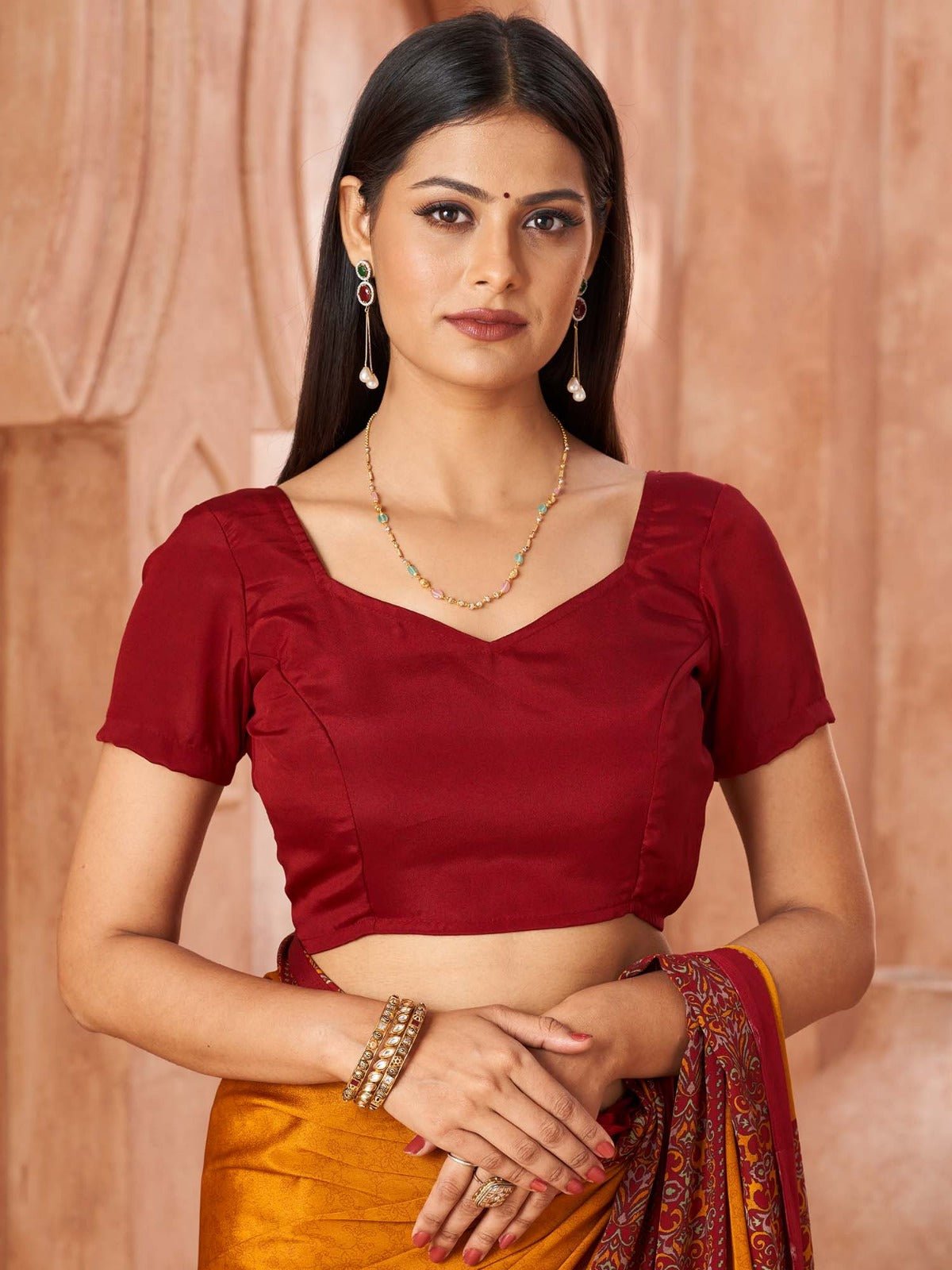 Mustard & Maroon Dual-Tone Satin Saree - Ressa