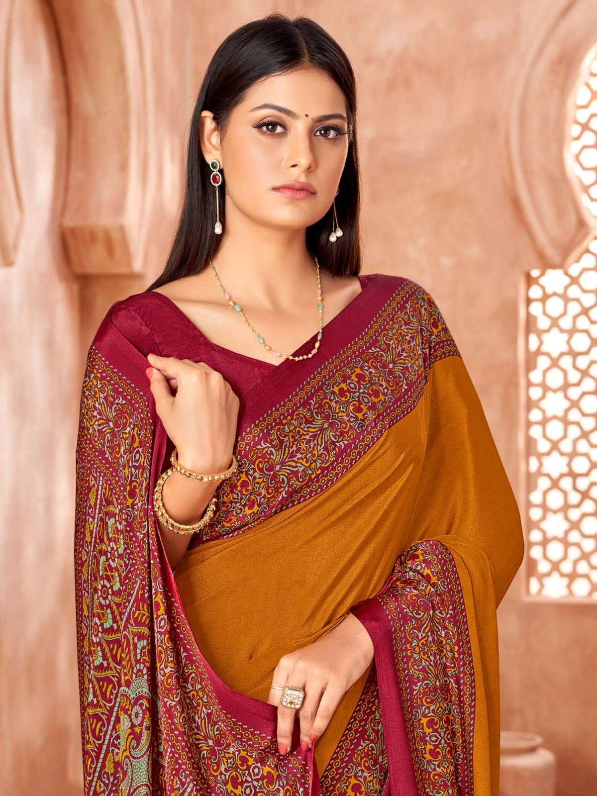 Mustard & Maroon Dual-Tone Satin Saree - Ressa
