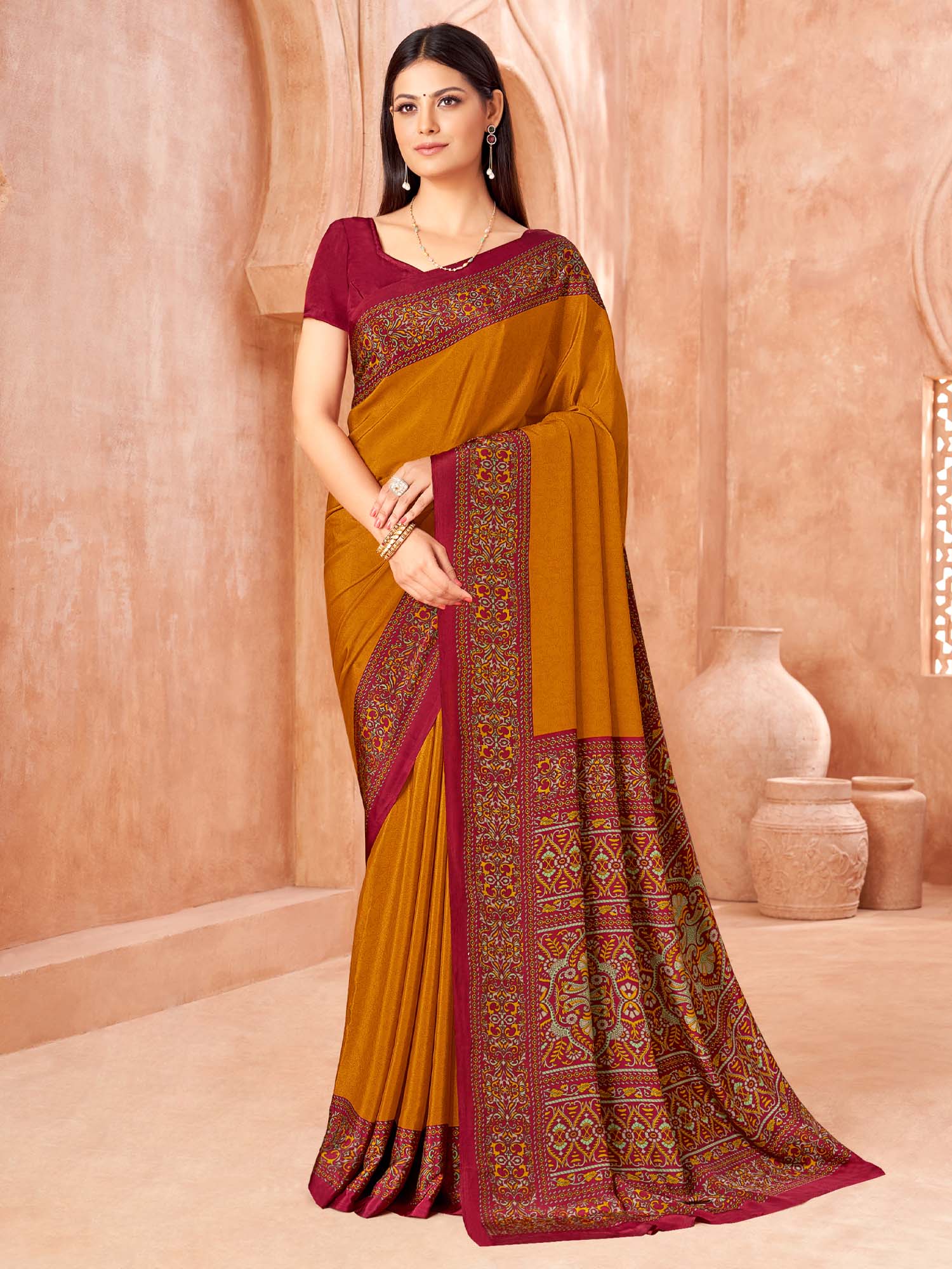 Mustard & Maroon Dual-Tone Satin Saree - Ressa