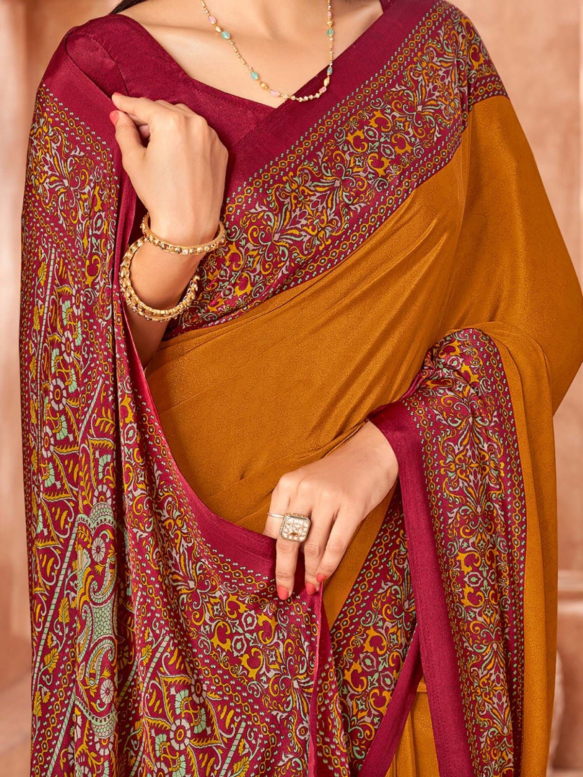 Mustard & Maroon Dual-Tone Satin Saree - Ressa