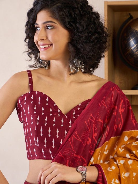 Mustard & Maroon Handblock Cotton Saree - Ressa