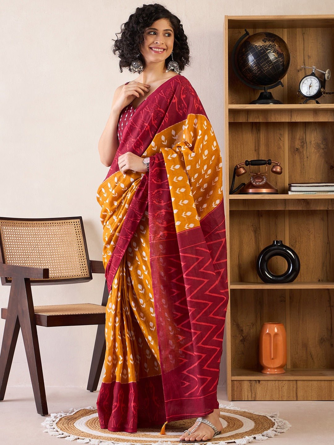 Mustard & Maroon Handblock Cotton Saree - Ressa
