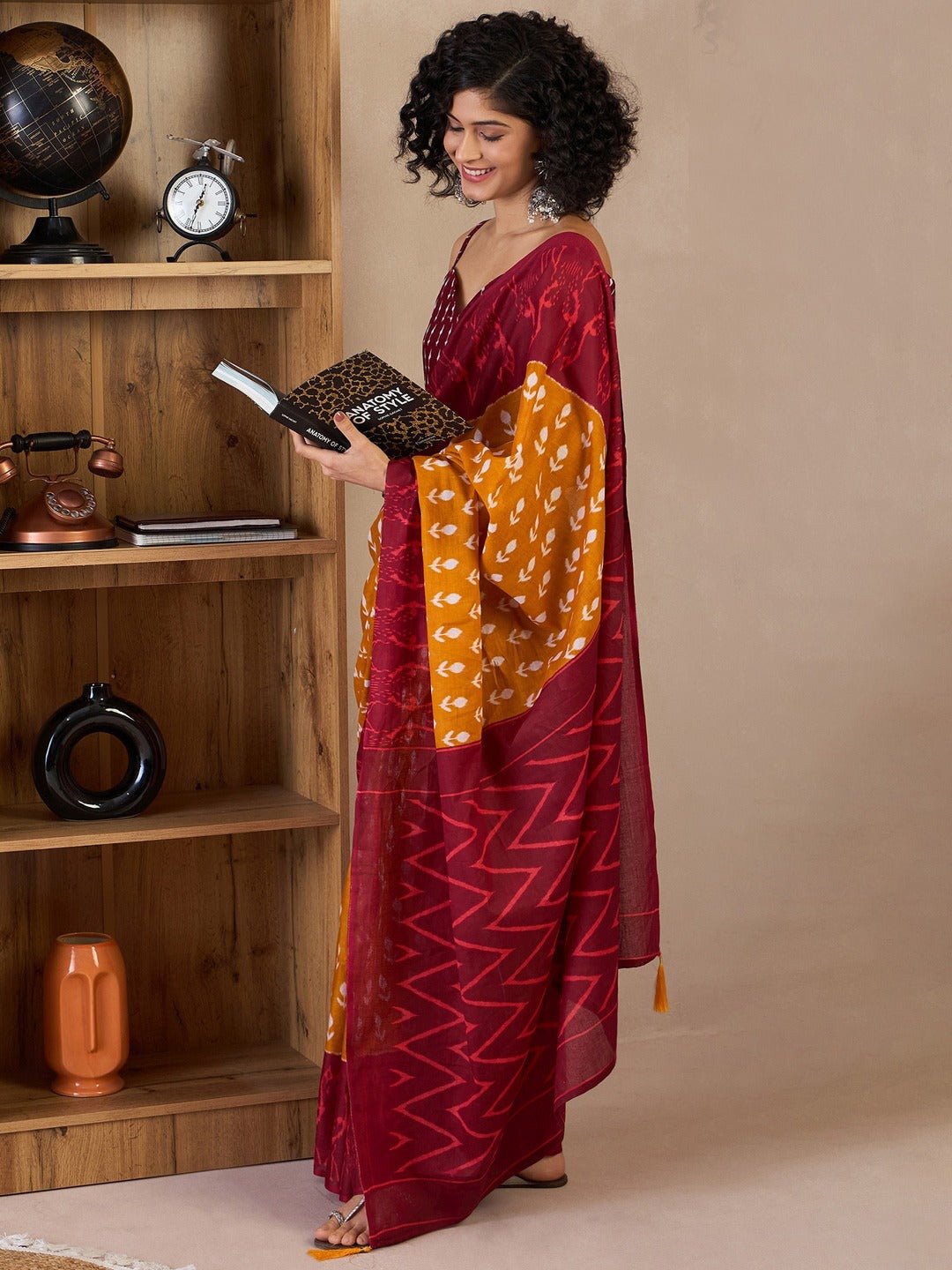 Mustard & Maroon Handblock Cotton Saree - Ressa