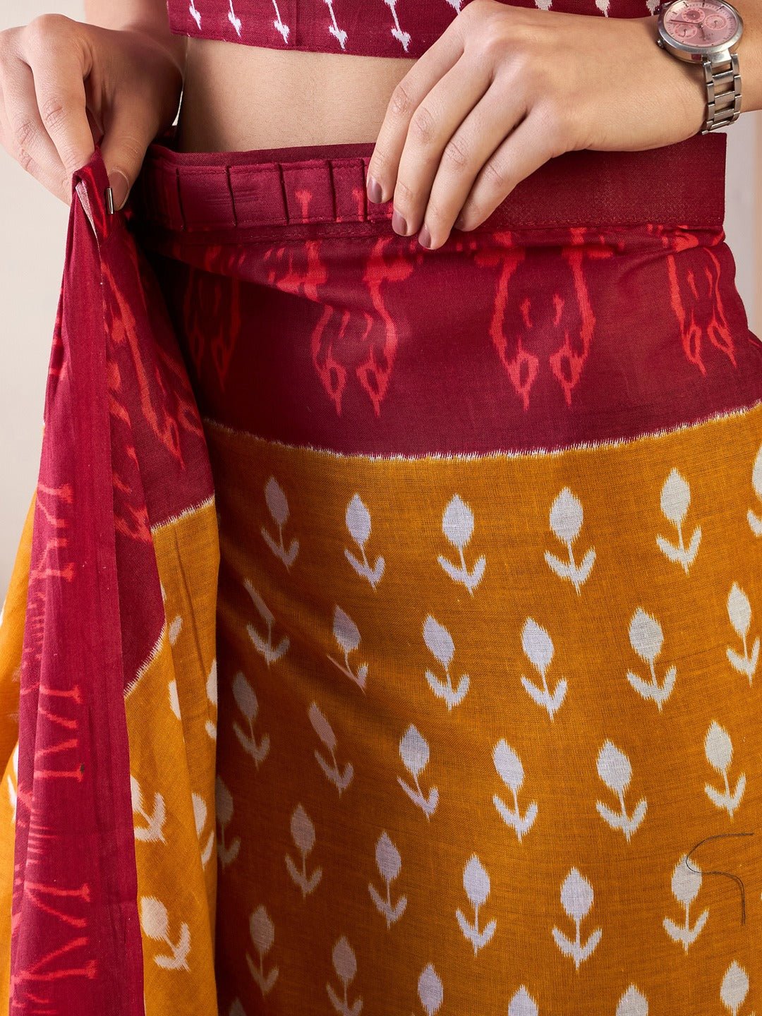 Mustard & Maroon Handblock Cotton Saree - Ressa