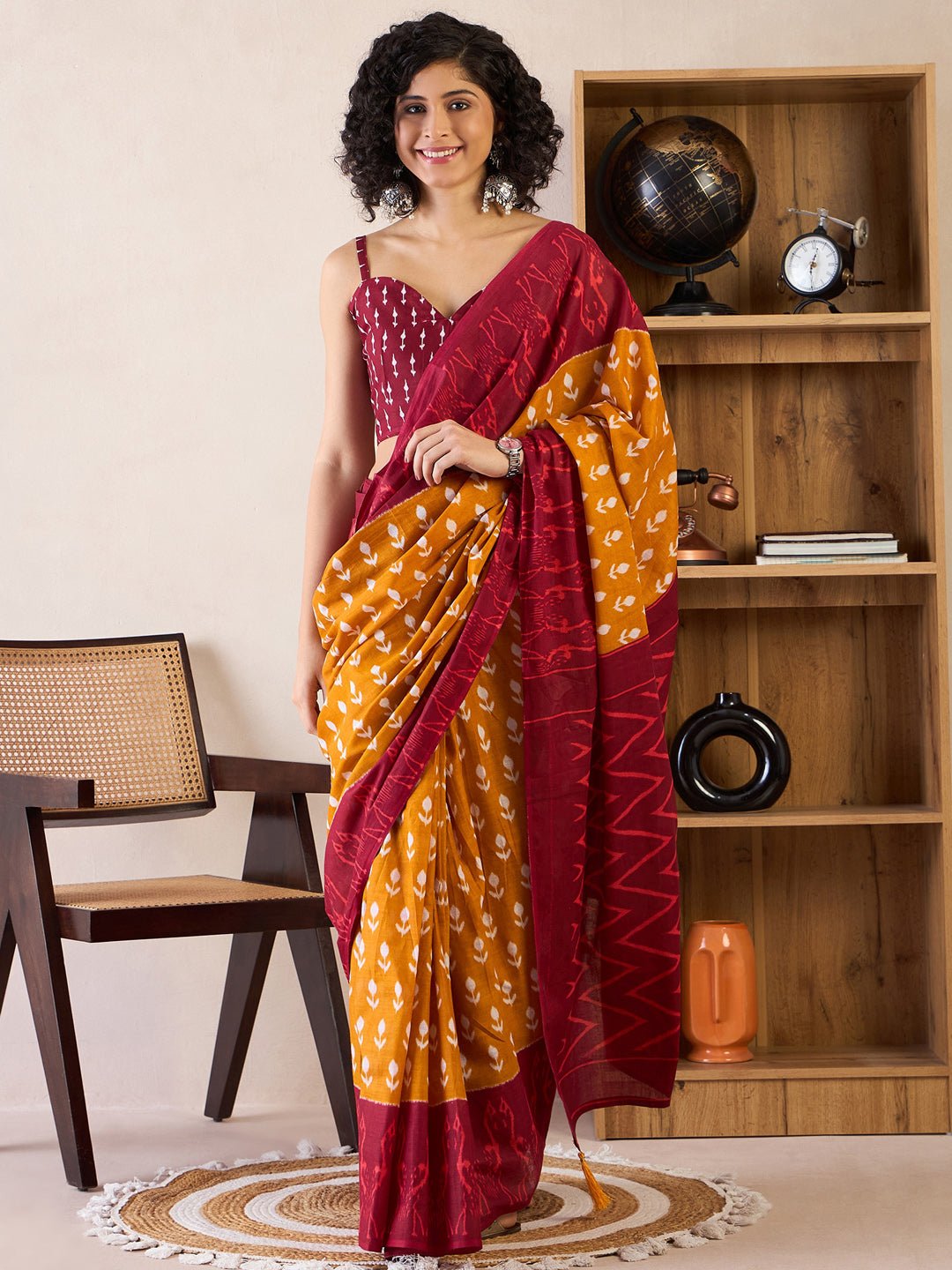 Mustard & Maroon Handblock Cotton Saree - Ressa
