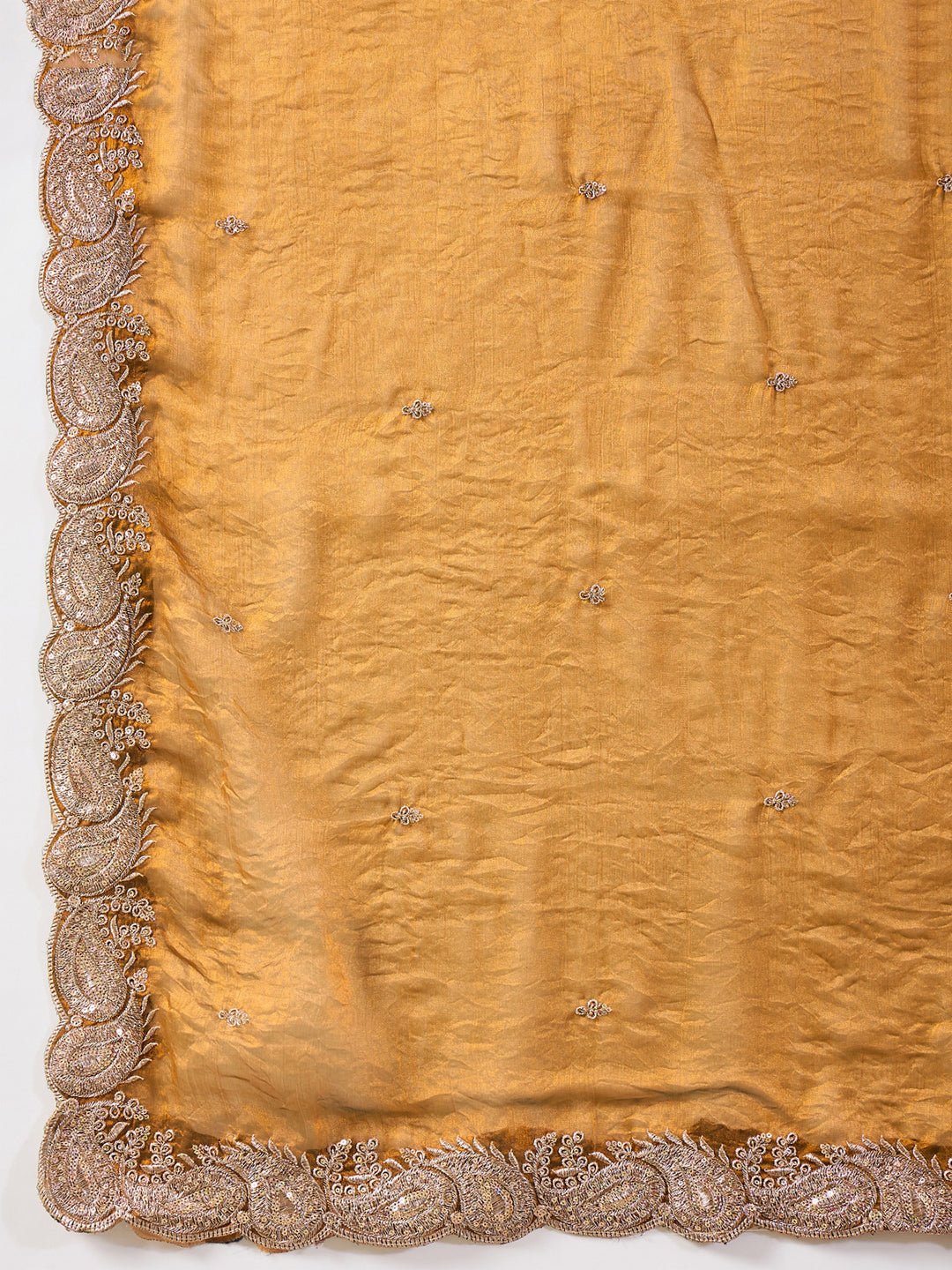 Mustard Olive Tissue Silk Saree with Zardozi Paisley Border - Ressa