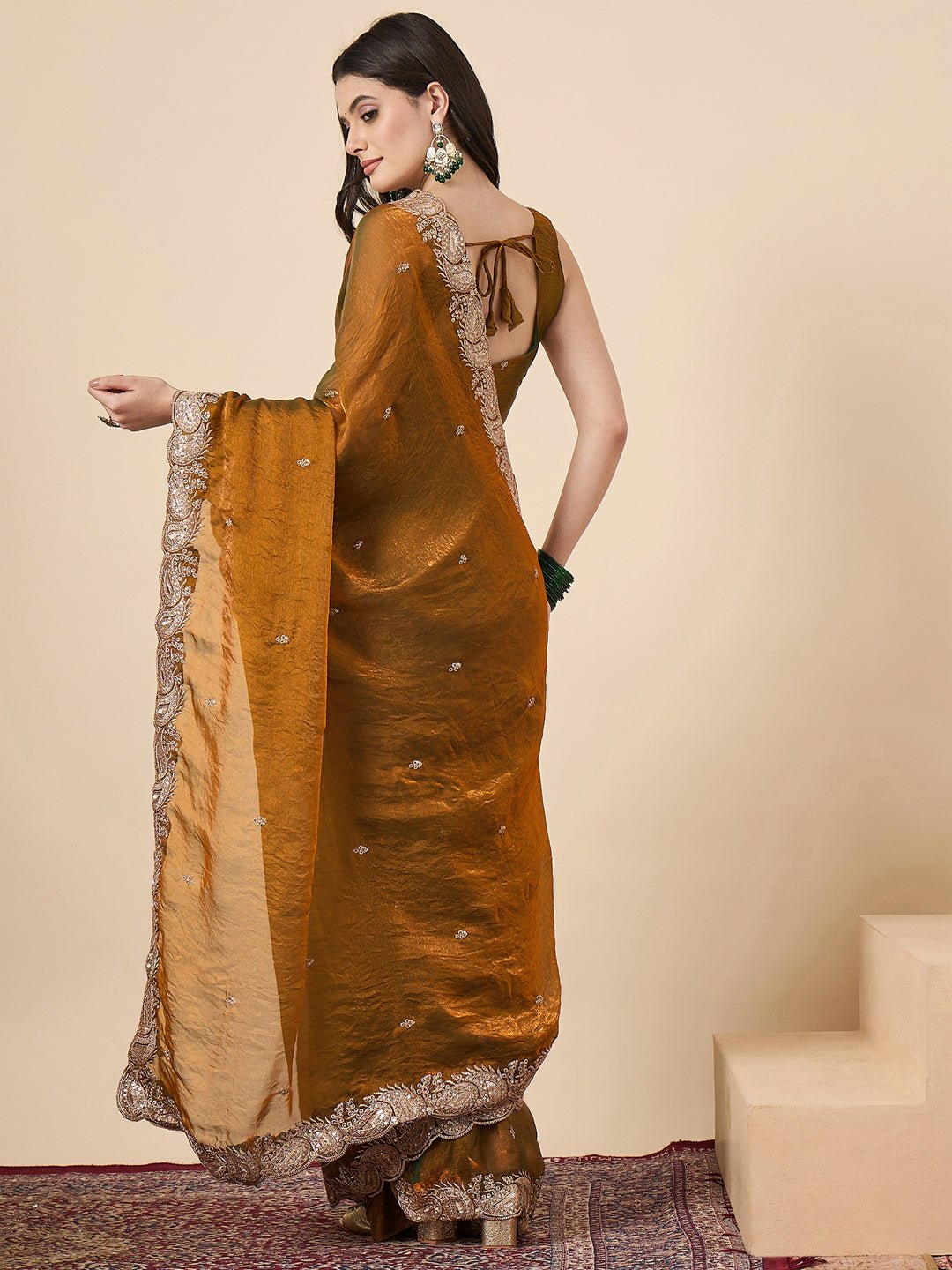 Mustard Olive Tissue Silk Saree with Zardozi Paisley Border - Ressa