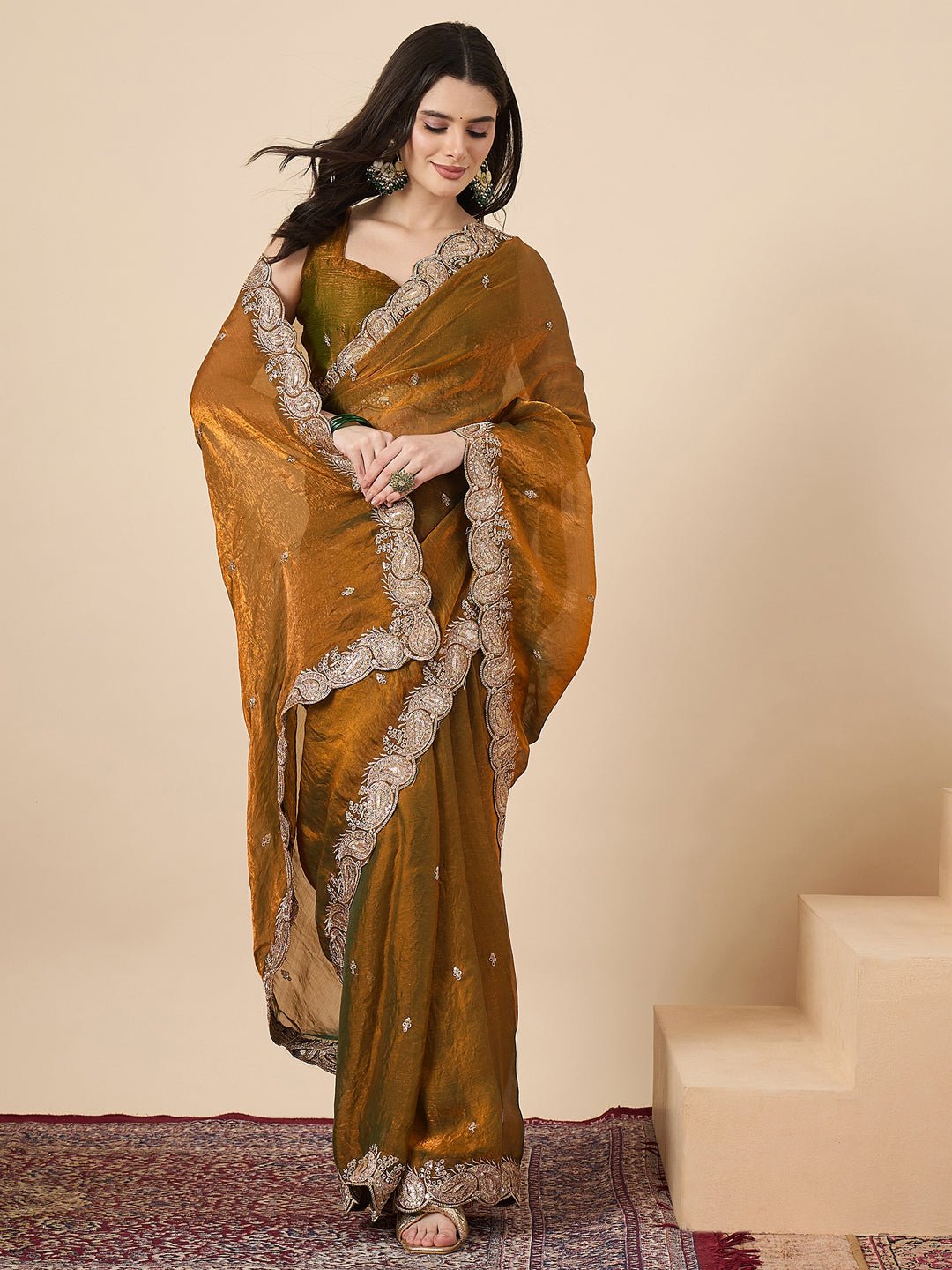 Mustard Olive Tissue Silk Saree with Zardozi Paisley Border - Ressa